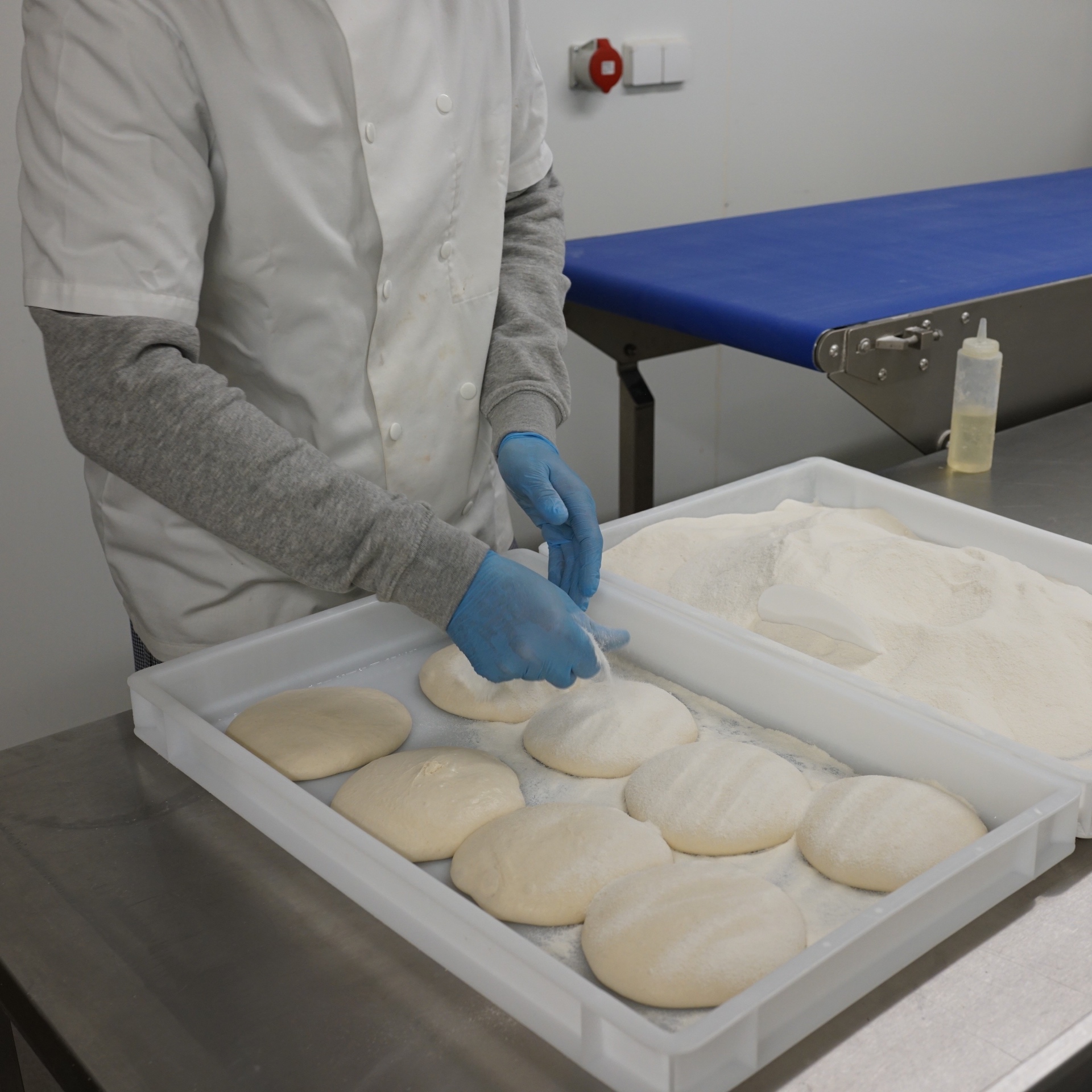 Verdeelde deegballen tijdens de eerste rijs